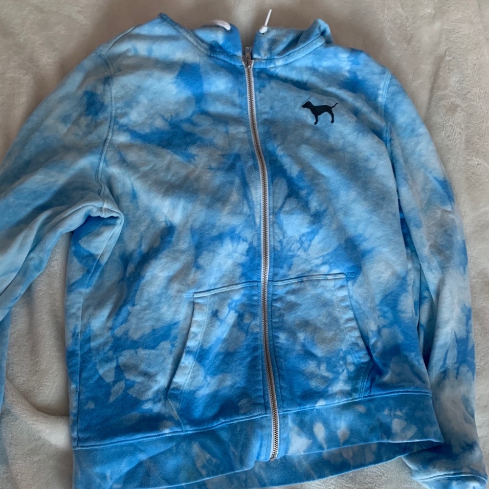 Super comfy, blue tie-die, PINK hoodie zip up!
